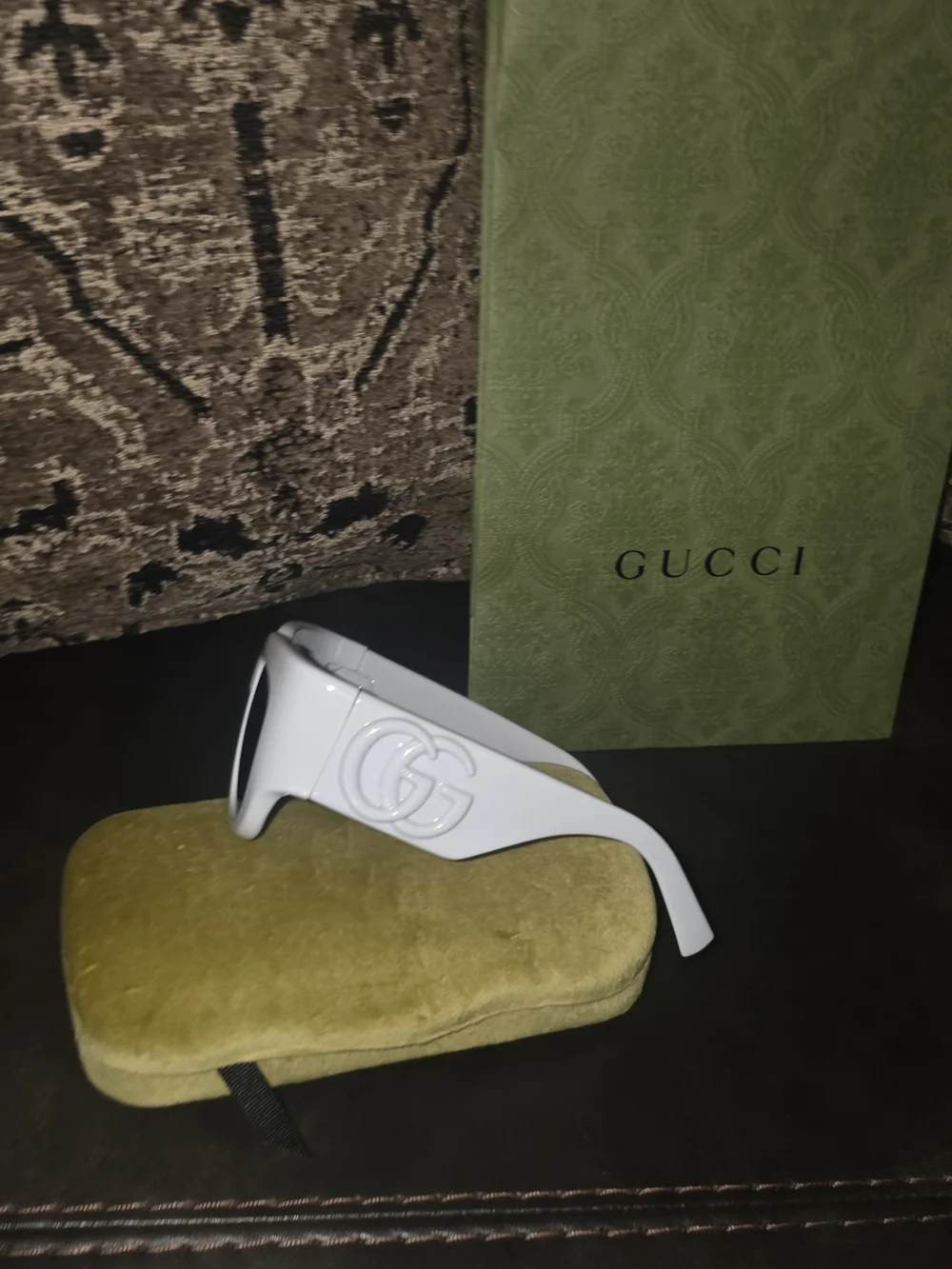 Gucci White Thick-Frame Sunglasses with Dark Lenses